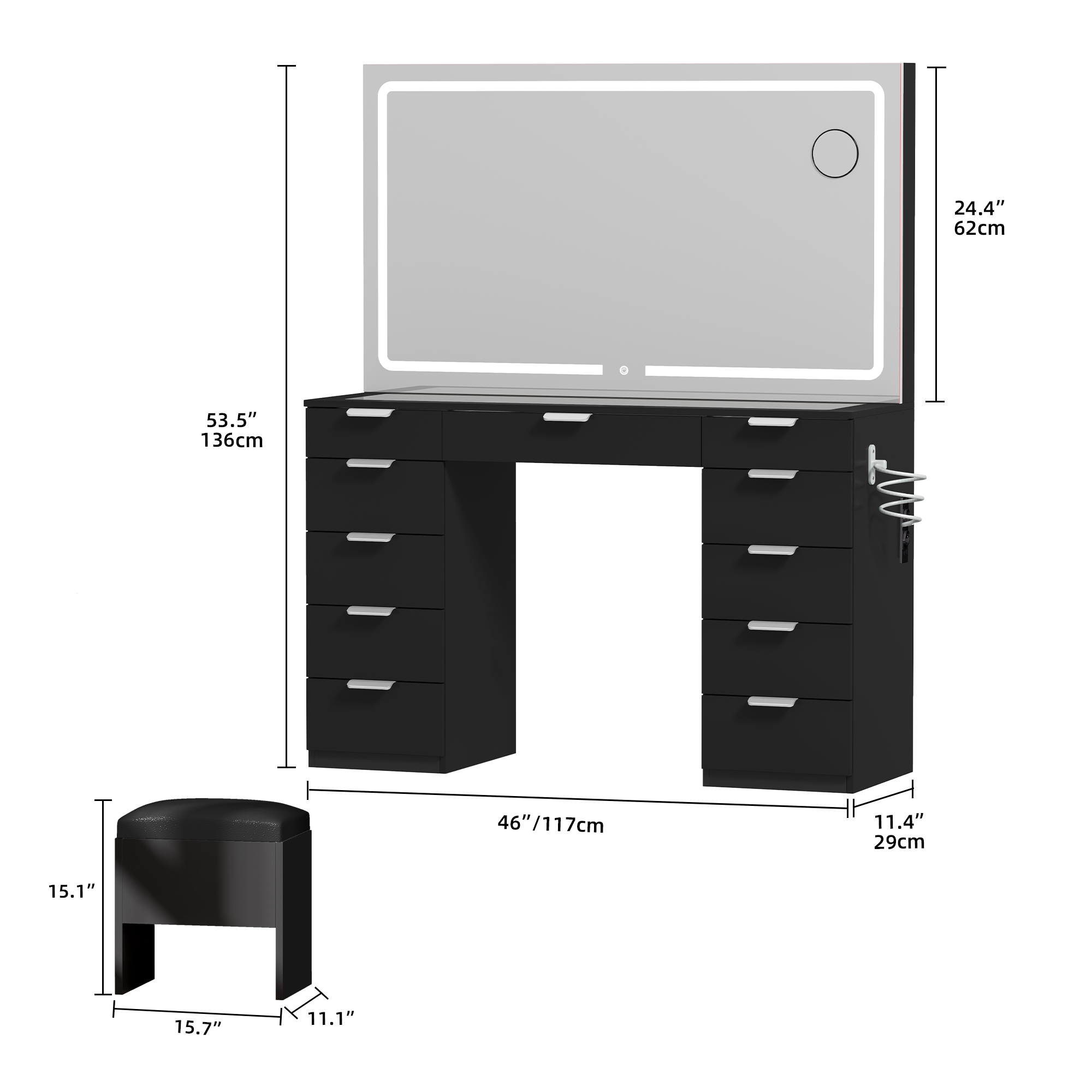 YITAHOME White LED Vanity Table Glass Top Makeup Desk with Large Mirror 11 Storage Drawers and Stool