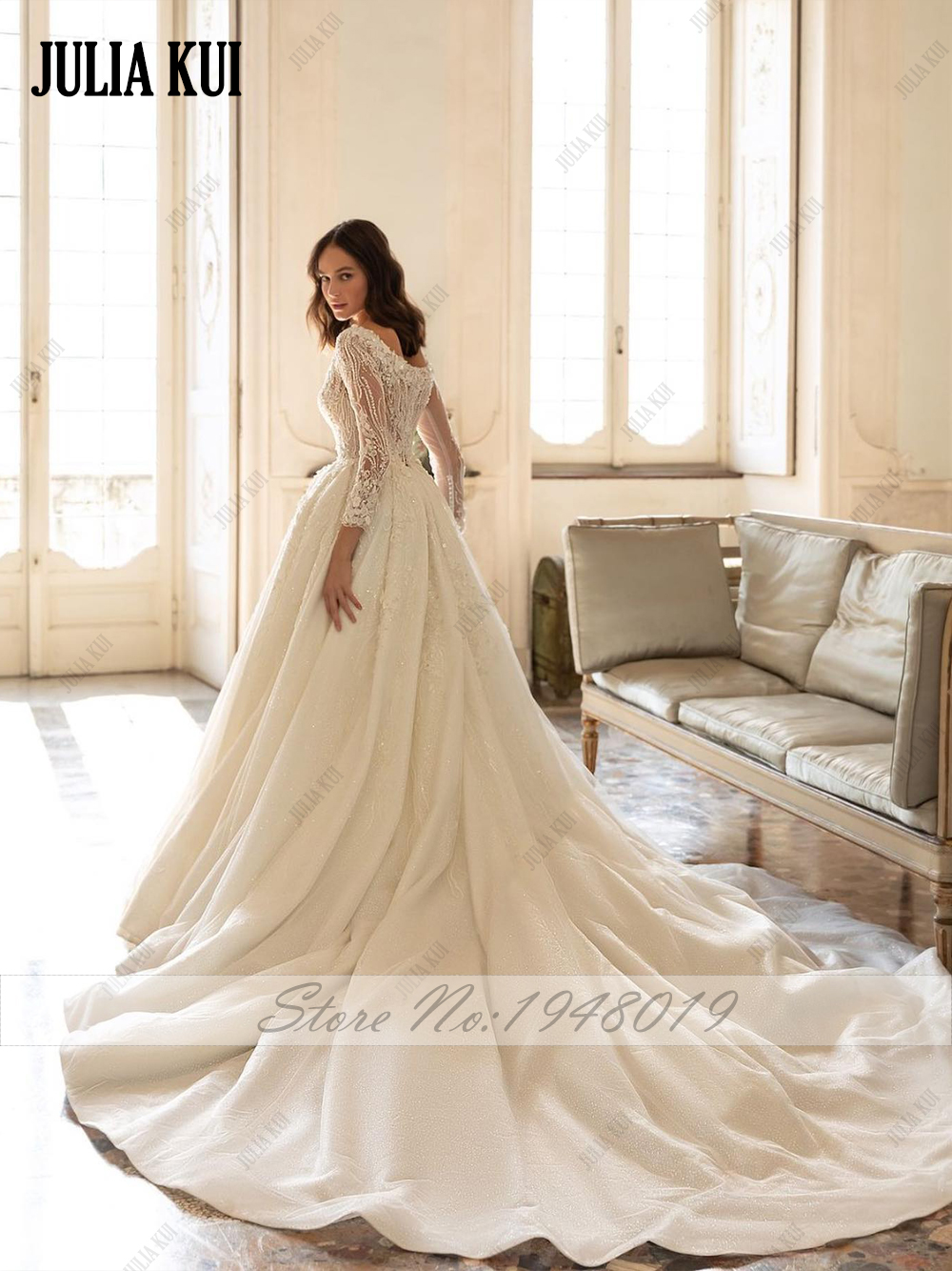 Julia Kui-Robe de Mariée Trapèze sur Mesure, Luxueuse, avec Perles, Broderie en Dentelle, Manches sulf, pour Patients