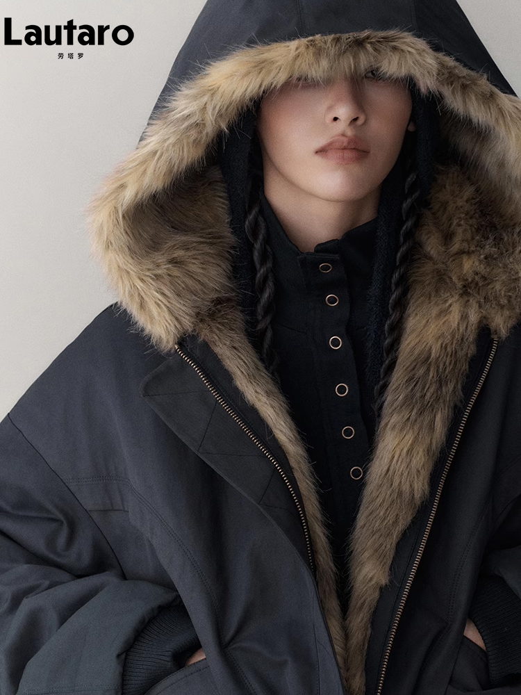 Lautaro Winter Vintage dicke warme reversible Faux Waschbär Hund Pelz Park Frauen mit Kapuze Luxus Designer Kleidung flauschige Jacke