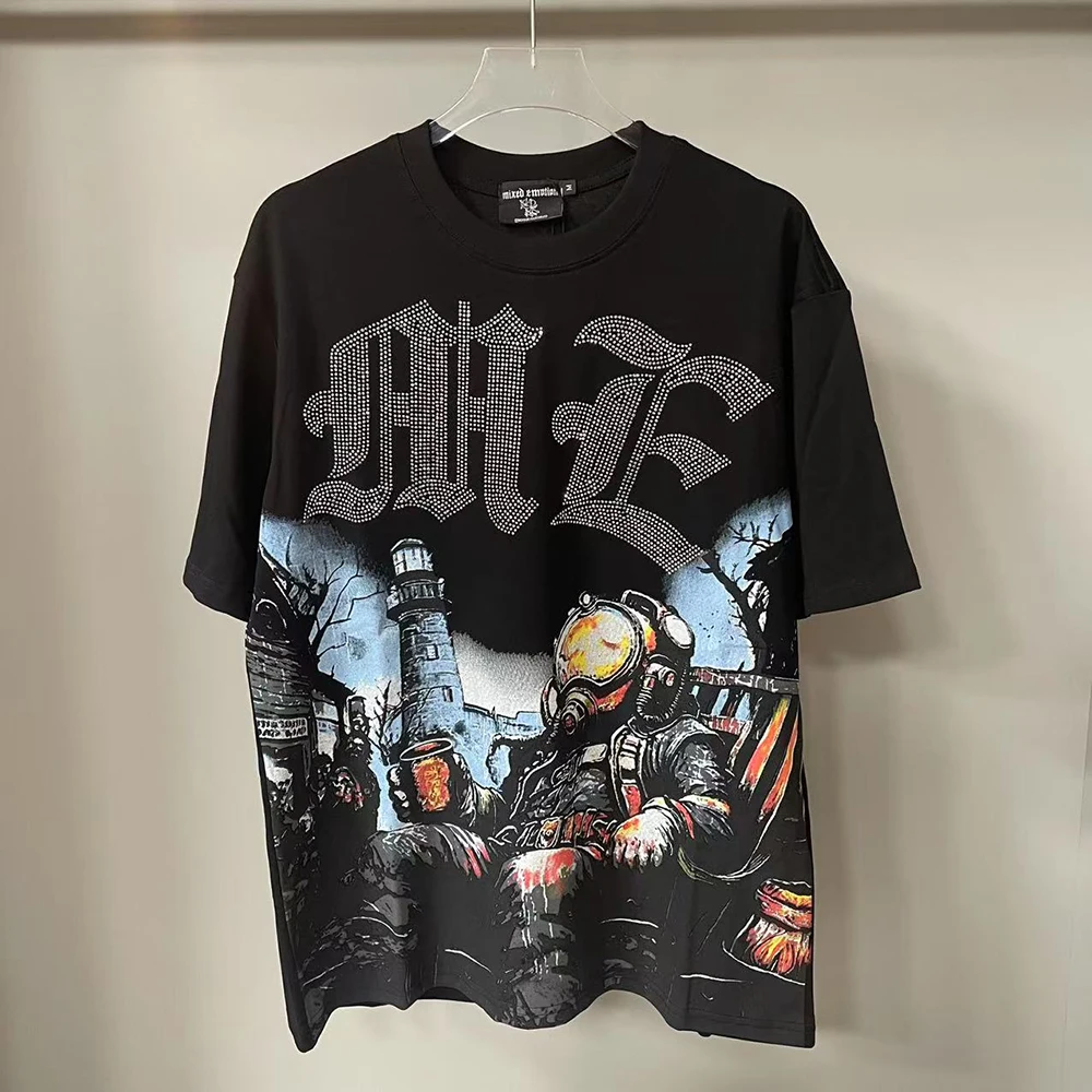 Nuevas camisetas negras de manga corta con diamantes de imitación y letras de verano para hombre, ropa de calle, camisetas holgadas de algodón con cuello redondo, camiseta Unisex de gran tamaño