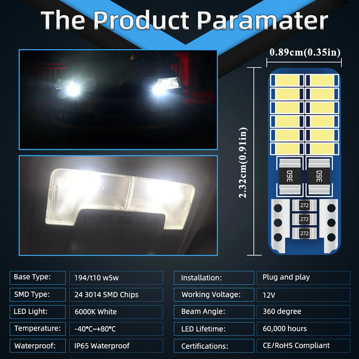 20 peças t10 w5w led canbus 3014 24smd sem erro 194 168 t10 led instrumento interior do carro lâmpada 12v universal branco 6000k