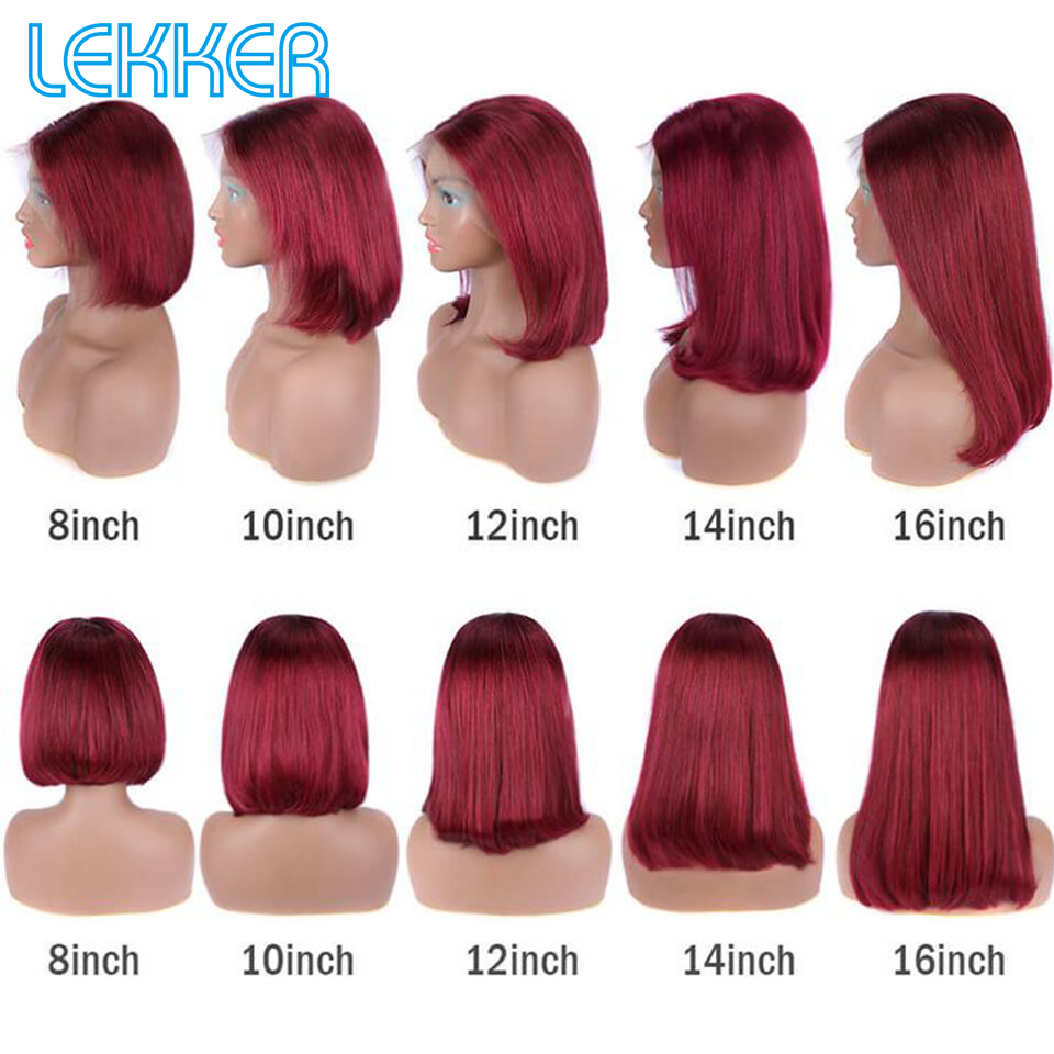 Lekker สั้นตรง Bob 13x1 T ลูกไม้ด้านหน้า 100% ผมมนุษย์ Wigs สําหรับผู้หญิงบราซิล Remy ผม 99j Burgundy สีแดงสี Bob วิกผม
