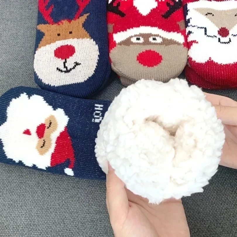 Giáng Sinh Trơn Tất Giữ Ấm Mùa Đông Sang Trọng Không Trơn Trượt Ngủ Nữ Sàn Ngắn Sock Mờ Lông Tơ Mềm Mại Nữ Hoạt Hình sock