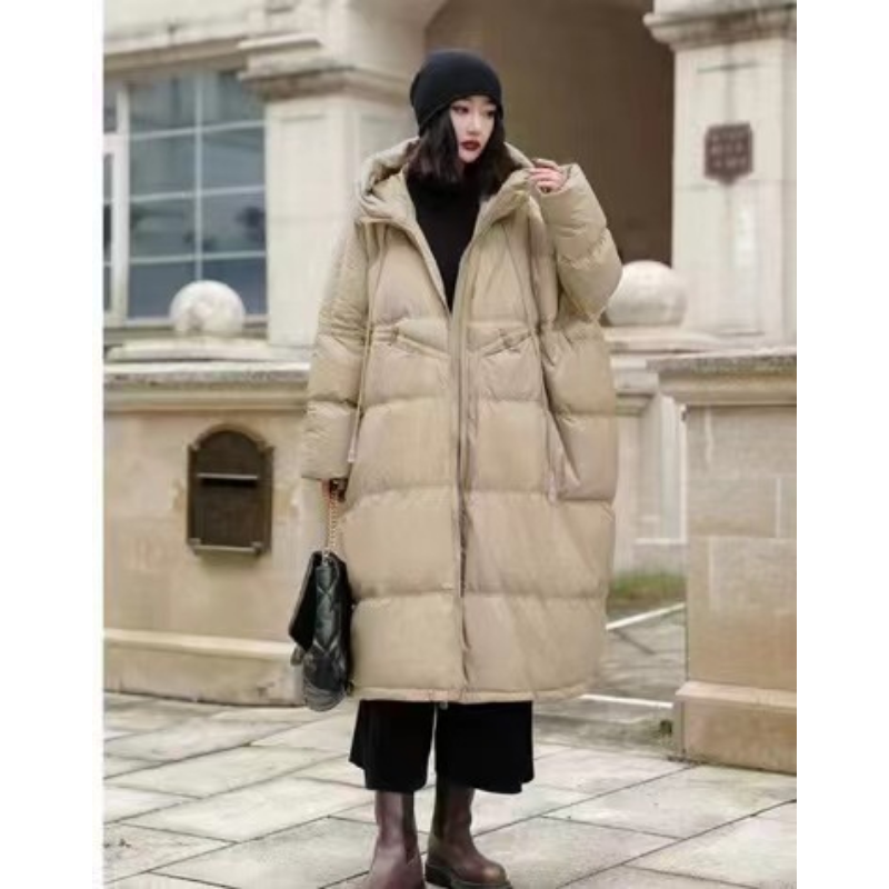 White Duck Down Jacket for Women, Female Hooded Coat, Long Section, Warm, Thick, Loose, Large Plate, Winter