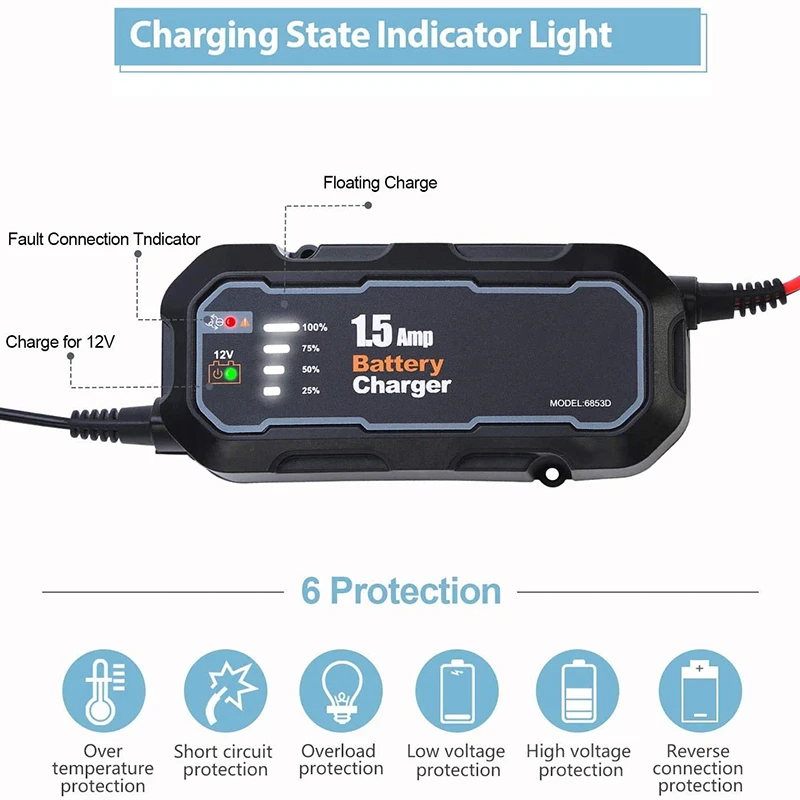 Cargador de batería inteligente automático para motocicleta, 12V, 1500mA, mantenedor para coche/RV/ATV/barco, cargador automático de batería con LED