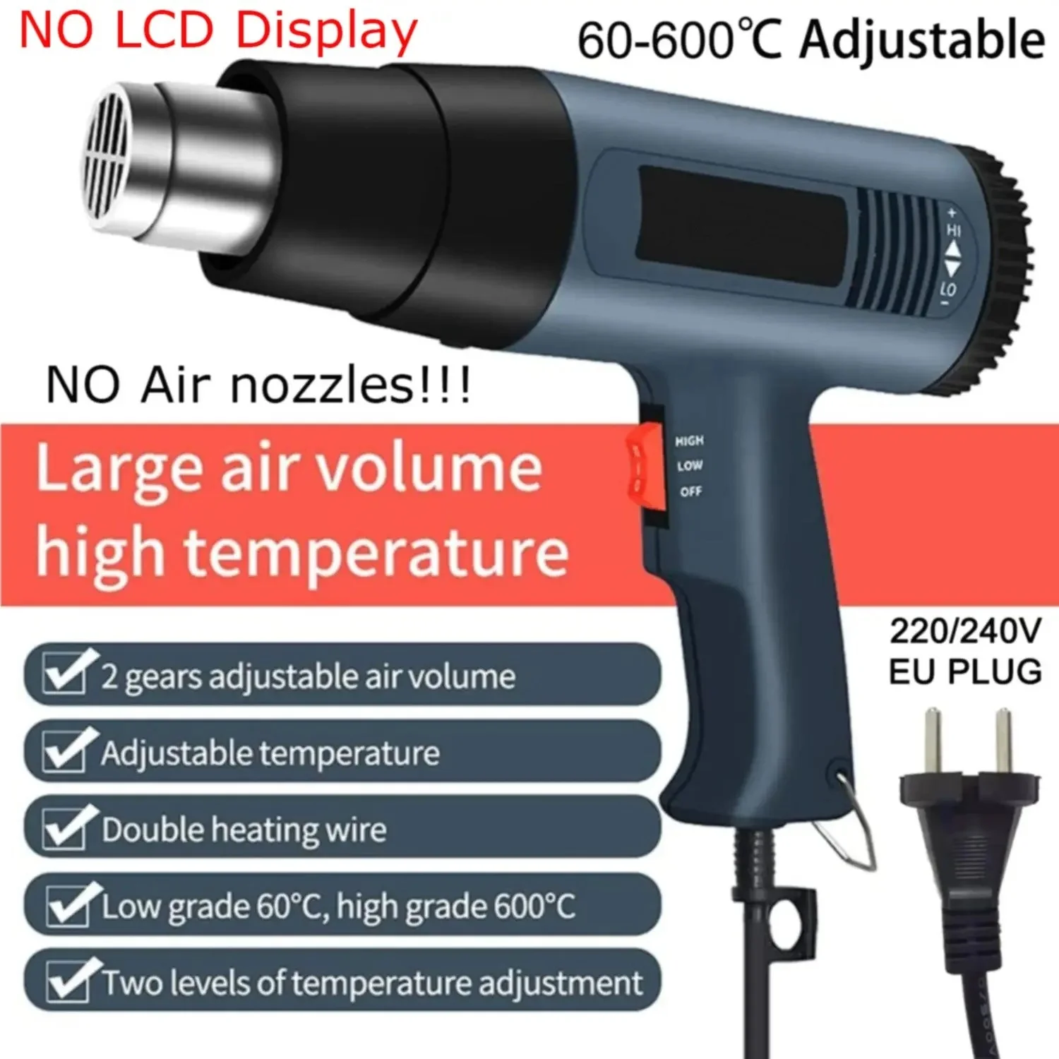 2000W Heat Gun Professional Hot Air Gun  60-600 D 4 Nozzles for DIY Stripping Paint Shrinking PVC and Home