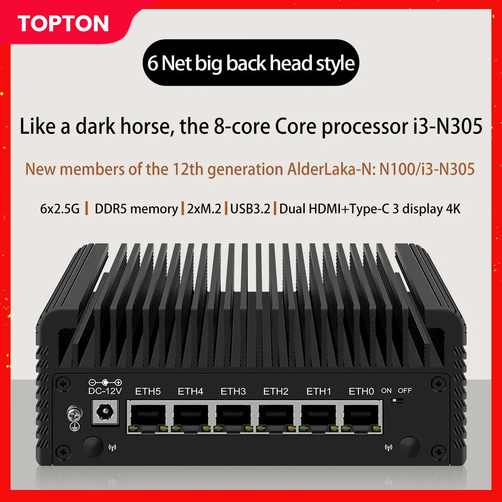 6 LAN 2,5G Firewall Router Intel Core 3 N355 N305 N150 N100 i226-V Lüfterloser Mini-PC DDR5 2xNVMe 2xHDMI2.1 Typ-C pfSense Proxmox