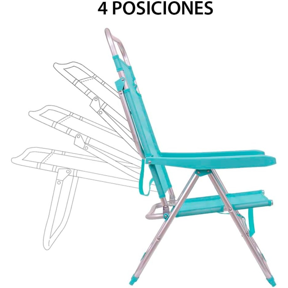 Silla de Playa Alta Plegable y Reclining 4 Posiciones Aluminio y Textileno Aguamarina 62 x 55 x 100 cm