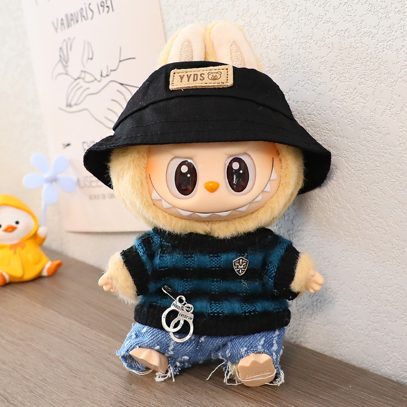 Voor 15/17 cm Labubu Mini Gestreepte Kleding Jeans Hoeden Schoenen Tas Cool Knappe Set Labubu V1 V2 Kleding outfit Accessoires Gift