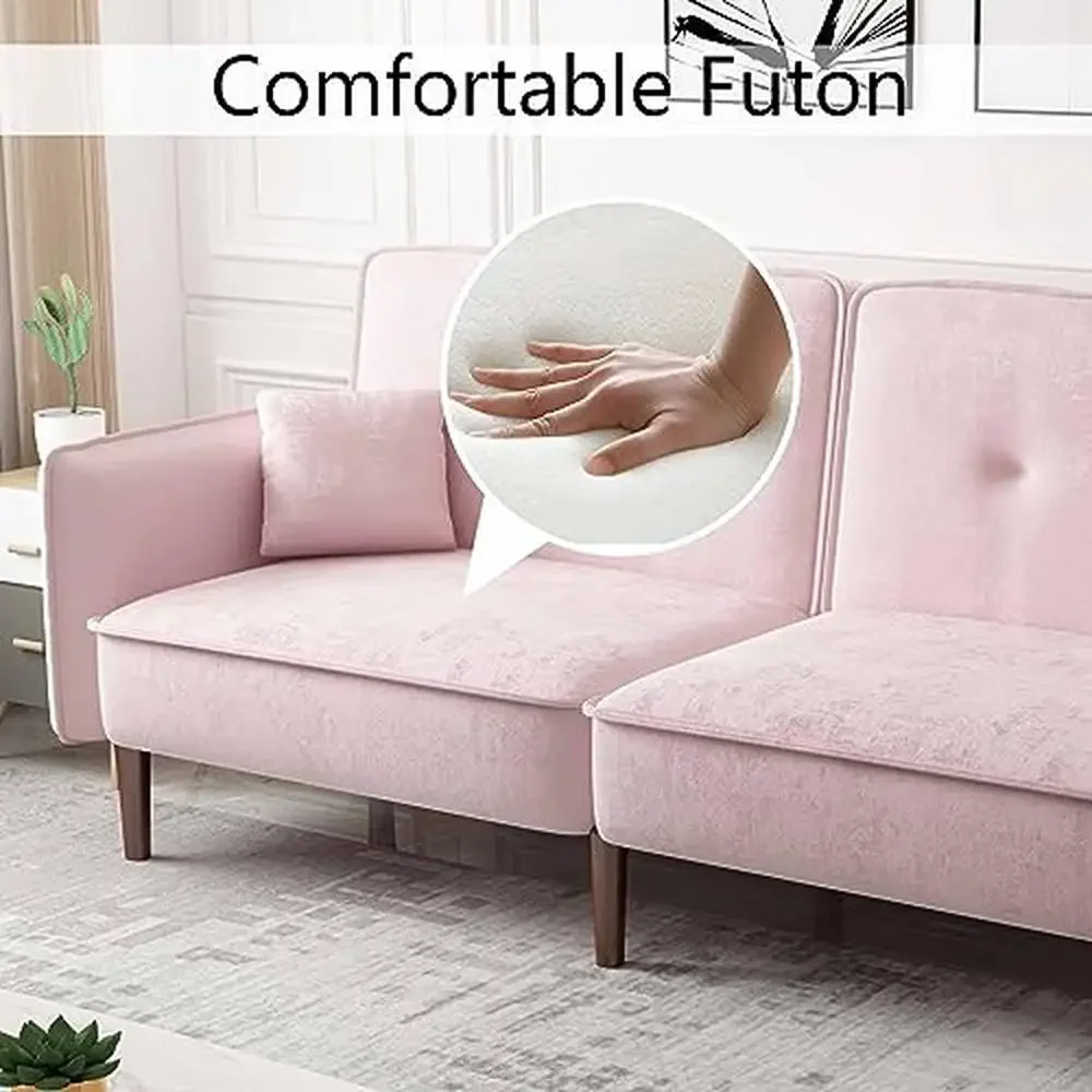 Modern Pink Velvet Convertible Sleeper Sofa Bed with Wood Legs and Memory Foam 75" Futon Loveseat Small Spaces and Studio