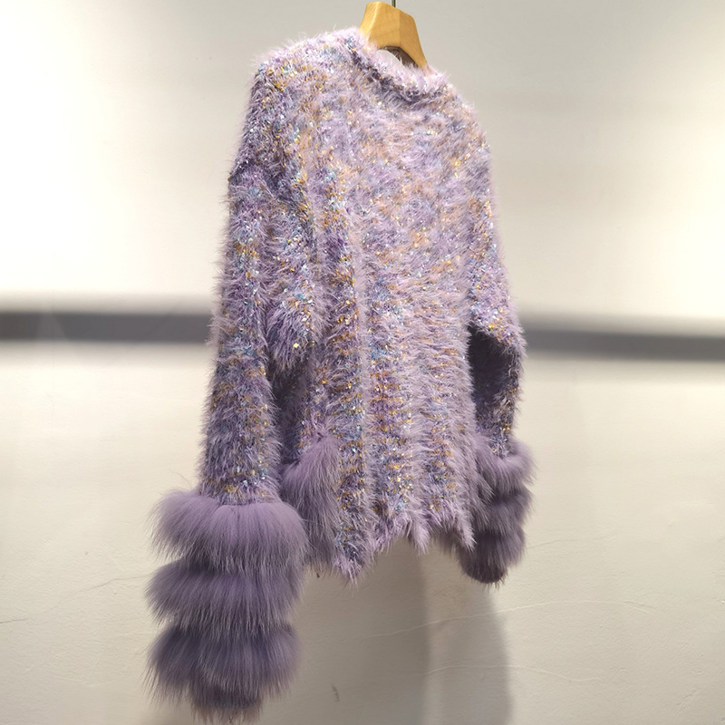 2024 新フォックスファートリムカーディガン長袖秋のファッションショートセーター女性紫カーディガン