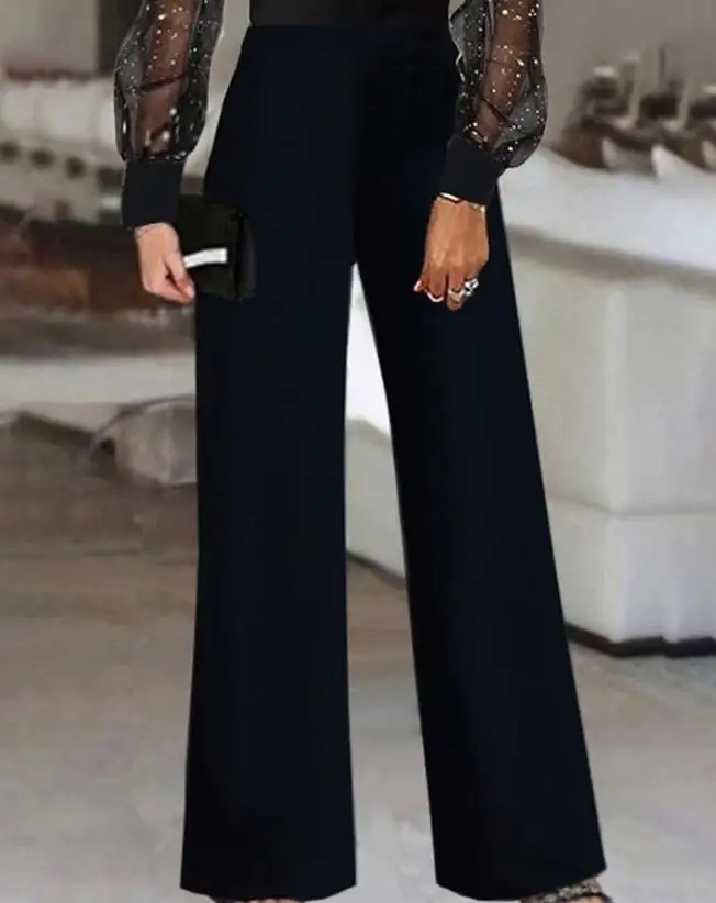 Nữ Của Jumpsuit 2022 Thời Trang Thu Đông Tương Phản Lưới Tay Dài Trơn Cổ Chữ V Đảng Bộ Jumpsuit Dài