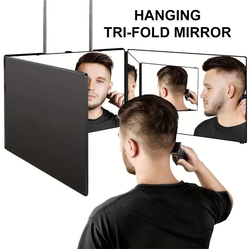 Espejo triple portátil negro 360, altura ajustable para hombres y mujeres, auto corte de pelo, maquillaje esencial, espejo de tocador Fordable