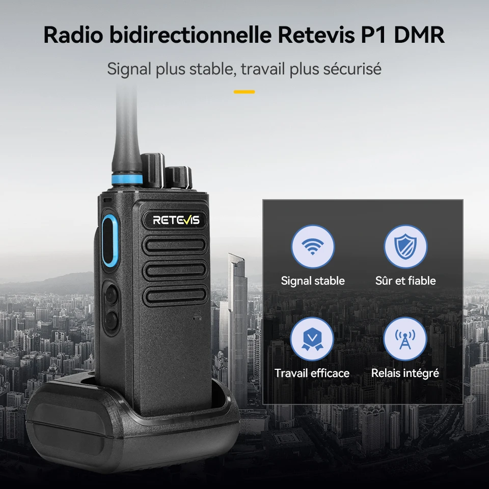 Retevis P1 Talkie Walkie Longue Portée,UHF DMR Radio Numerique Transceiver ,Talkie-Walkie Longue Portee Professionnel,AES256 Relais Superhétérodyne Walkie Talkie Long Range,Charge de Type C Walkie-Talkie