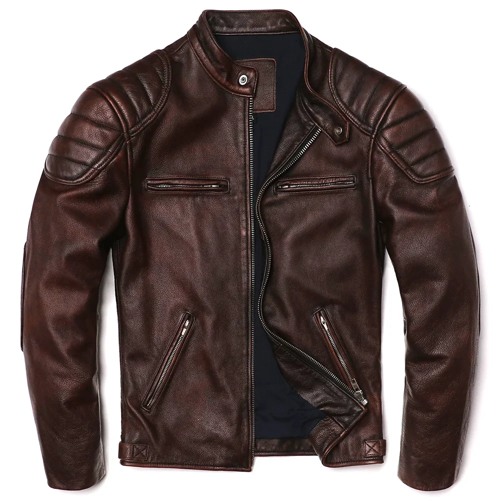 2025 Vintage Braune Echtlederjacke Echtes Natürliches Rindsleder Herren Motorrad Biker Mantel Herren Schlanker Kalbsledermantel