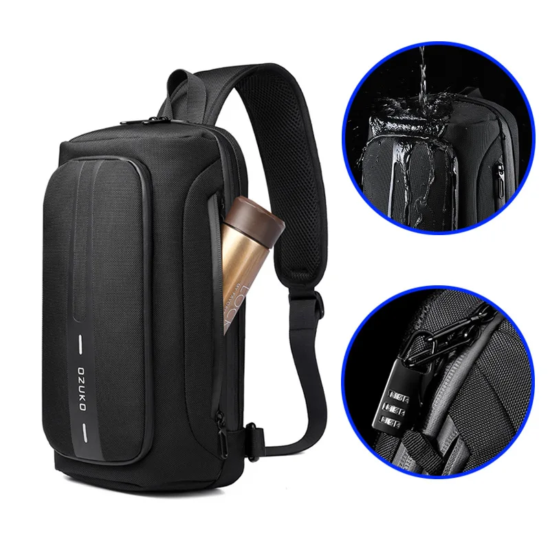 Ozuko saco de peito anti roubo masculino sling mensageiro sacos à prova dwaterproof água masculino ao ar livre pacote peito homem carga usb crossbody saco