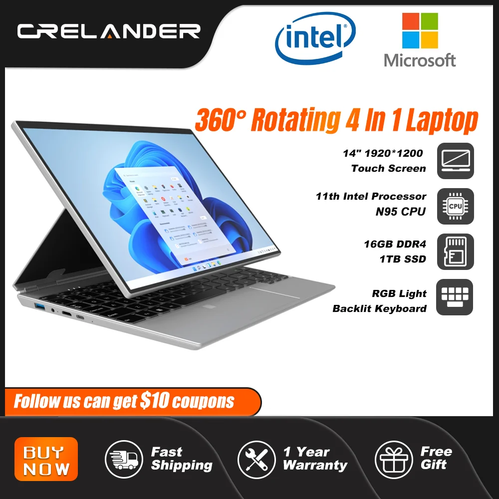 CRELANDER 2in1 Tablet PC Intel N95 Processor 14 inch Touch Screen 360 Degree Rotating RAM 16GB Portable Laptop Notebook