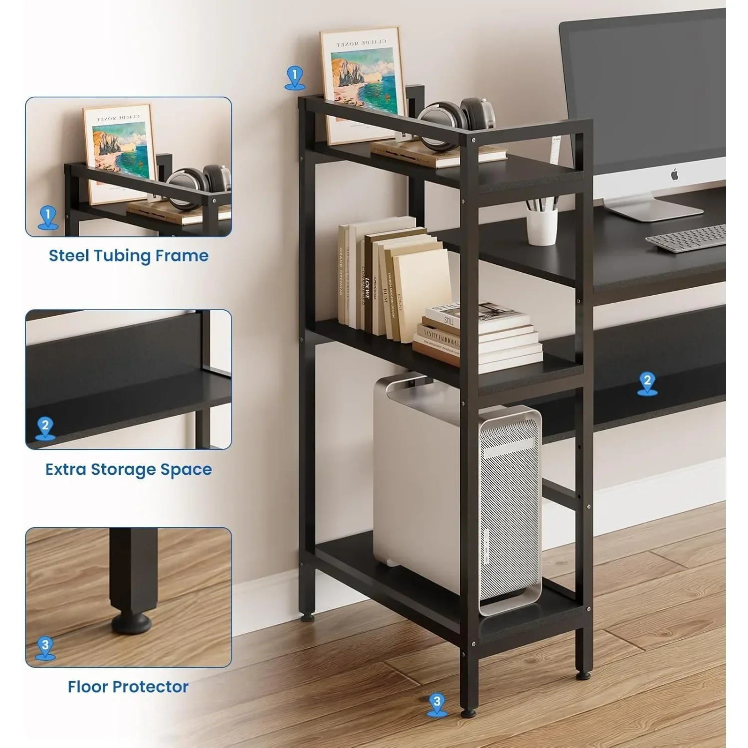 Computer Desk with 4 Tier Storage Shelves - 41.7 Inch Student Study Table with Bookshelf Modern Wood Desk with Steel Frame