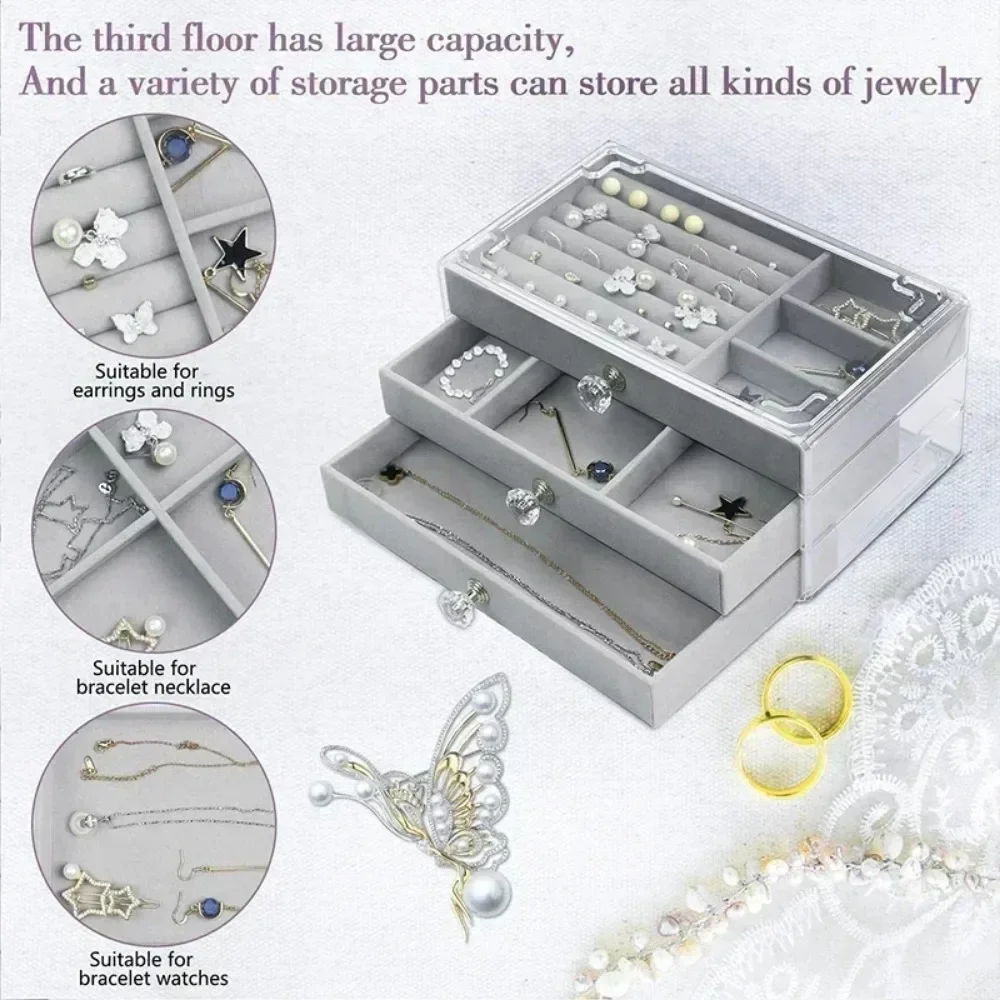 อะคริลิคกํามะหยี่เครื่องประดับ 3 ลิ้นชัก STACKABLE จัดเก็บต่างหูสร้อยคอสร้อยข้อมือกล่องสําหรับสตรี