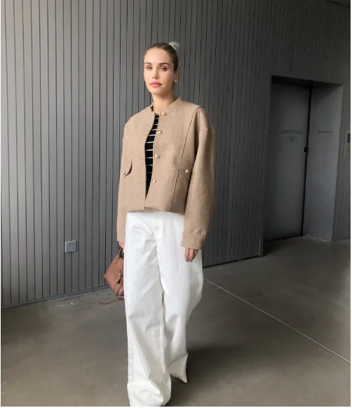 2025 ฤดูใบไม้ร่วง/ฤดูใบไม้ร่วงใหม่ผู้หญิงแฟชั่น Basic Wool Cropped เสื้อแจ็คเก็ตสั้น