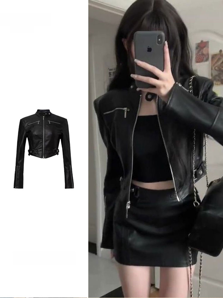 ブラック PU レザージャケット レディース ショートスタイル 春 2024 デザイン センセーション ニッチ マーケット バイカー コート 長袖 スリムフィット 通勤