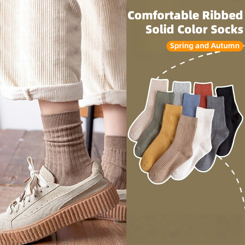 Dames geribbelde effen kleur halfhoge sokken het hele seizoen Slouch comfortabele casual stapelbare sokken EU 35-41 (1 3 5 10 paar)