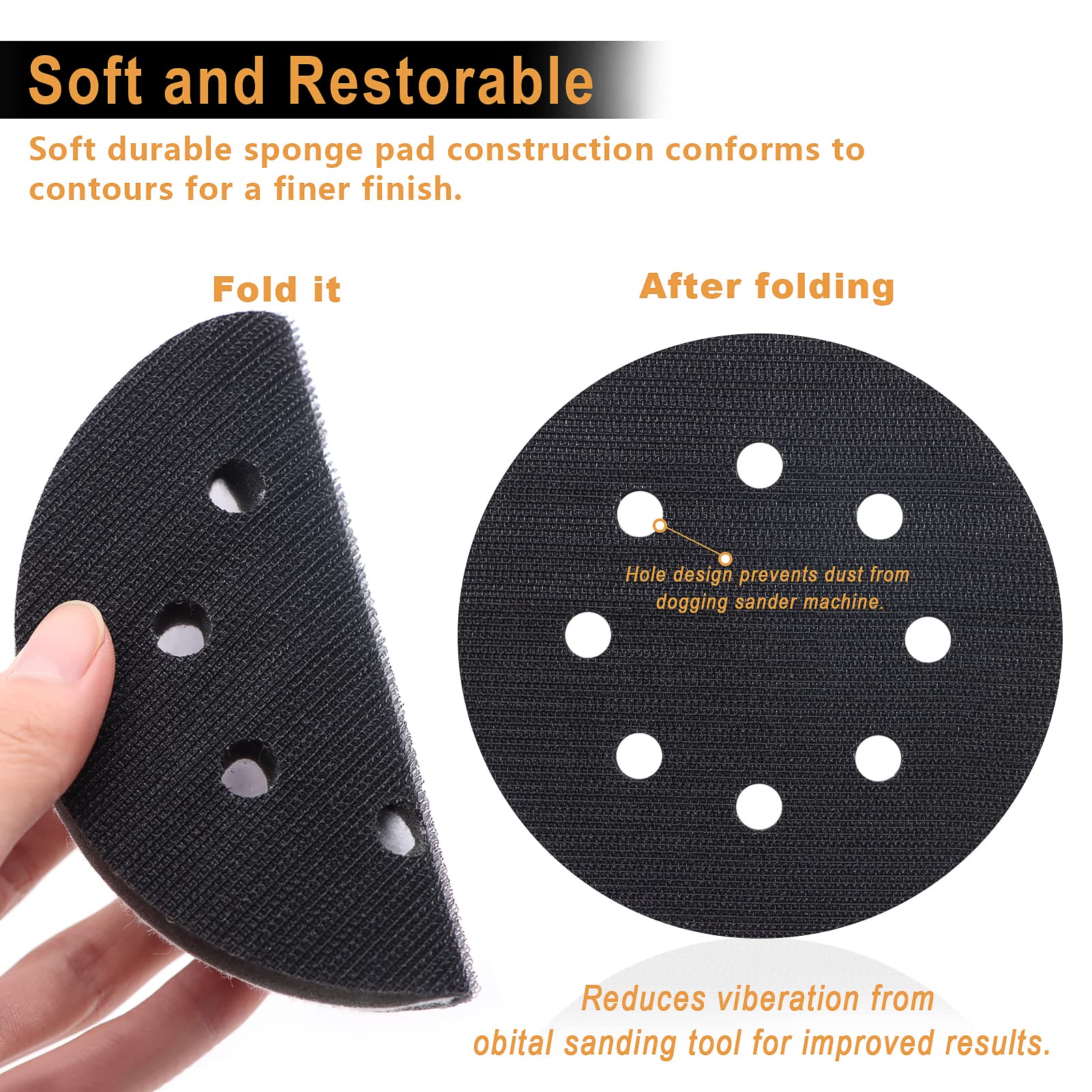 6 Pack Interface Pads 5 Inch 8 Hole Hook and Loop Soft Sponge Foam Sanding Interface Pad for Orbital Sander Automotive Polishing
