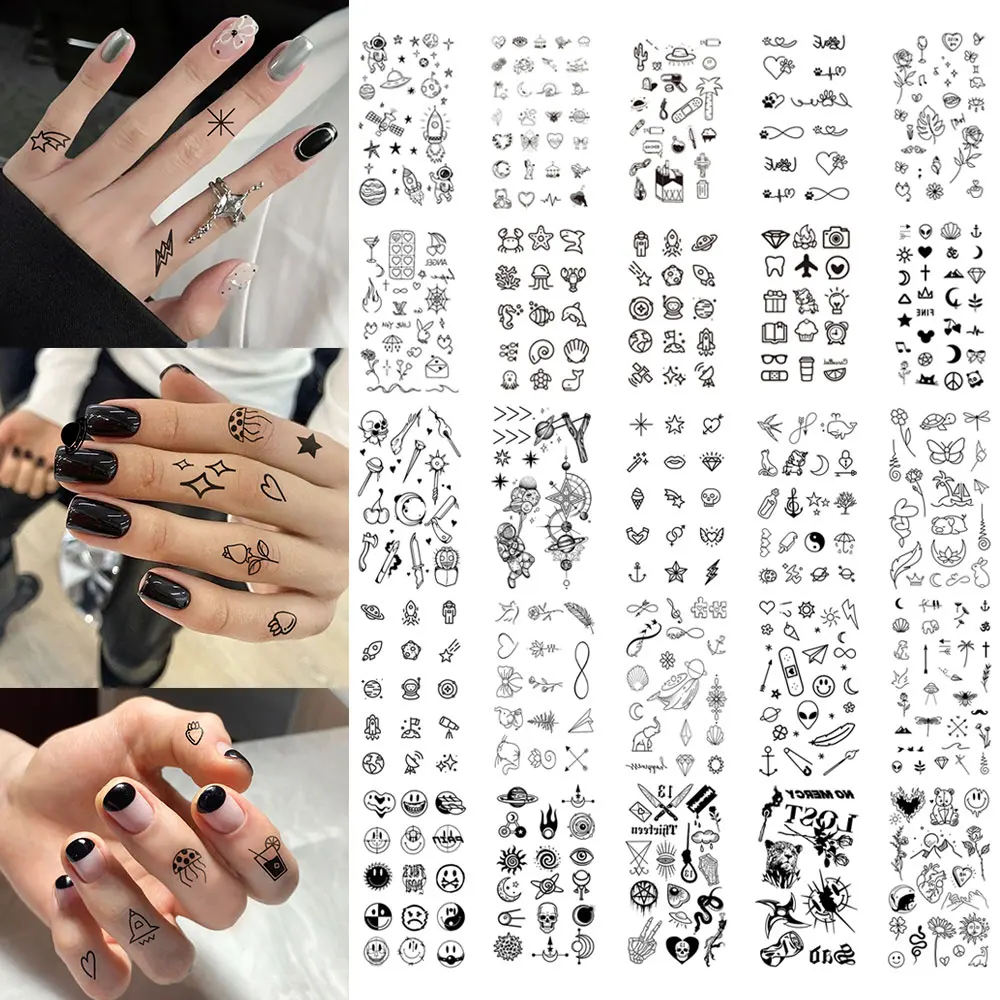 10 stücke Finger Muster Wasserdicht Temporäre Tattoo Aufkleber Nette Cartoon Liebe Blume Flamme Stern Körper Kunst Arm Gefälschte Tattoos Frauen männer