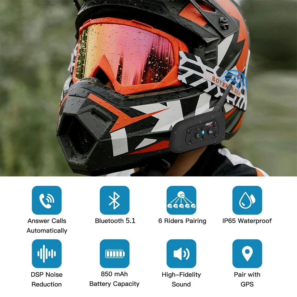 EJEAS V6 PRO Motocicleta Capacete Headset Bluetooth Intercom Comunicador 800M Para 2 Pilotos IP65 Impermeável Música Interphone