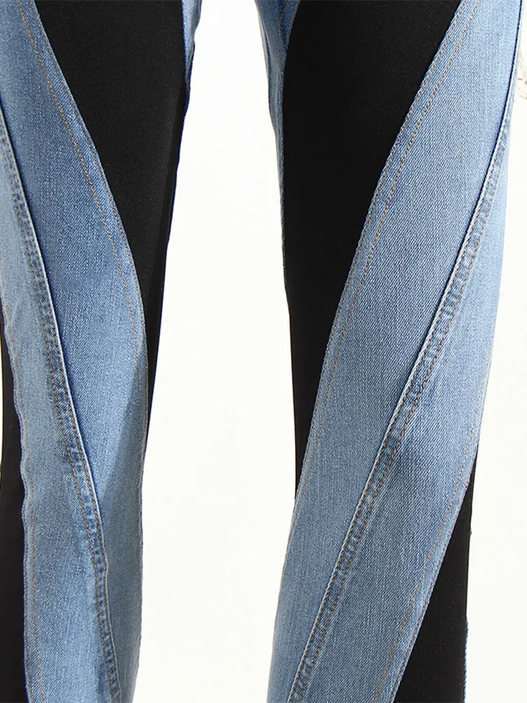 Fashion Designer Color Block Women's Jeans Slim Deconstruct Panelled Patchwork High Waist Split Blue Long Denim Pants Autumn