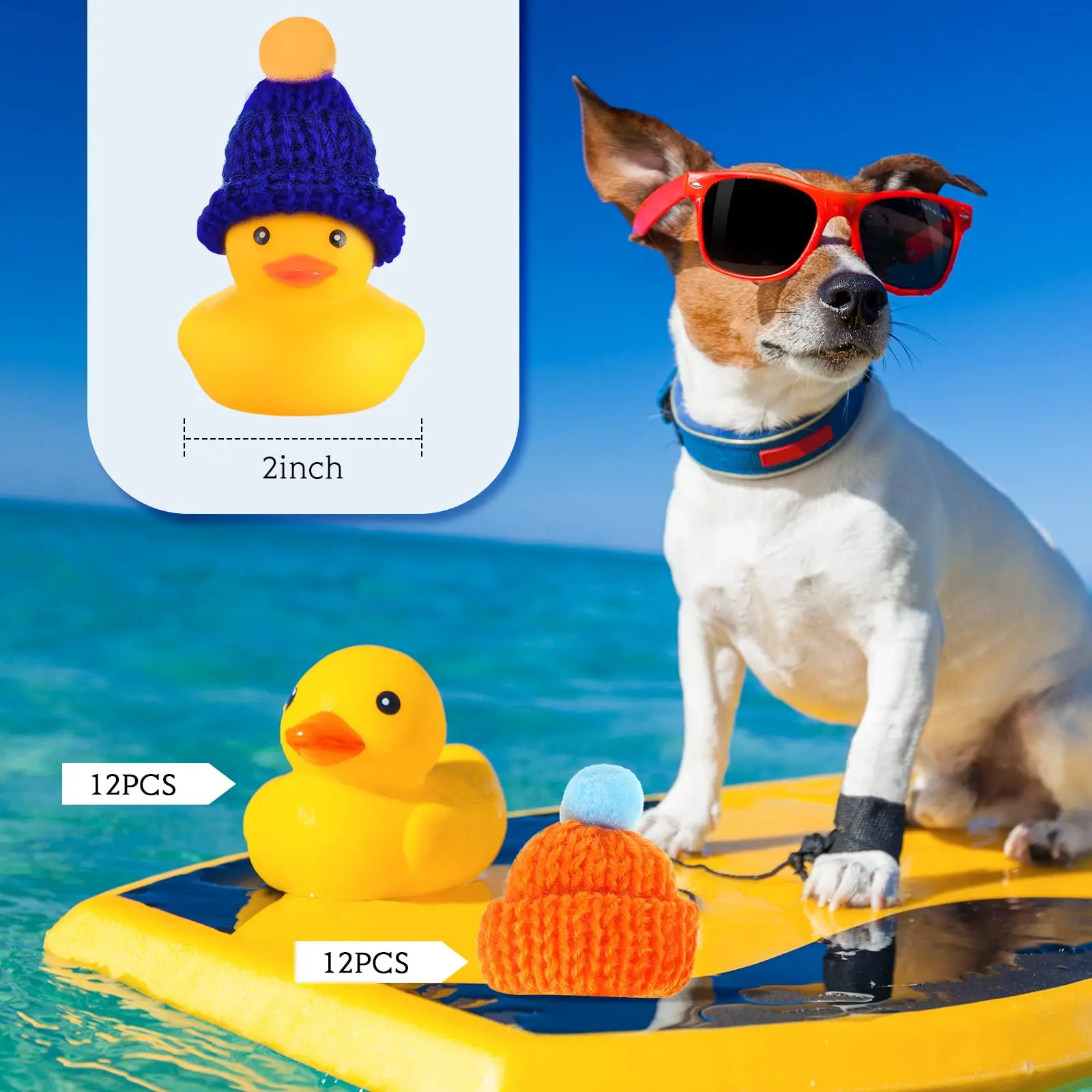 Mini Duckies de goma con 12 gafas de sol, sombreros, gorros, bufandas, 12 piezas