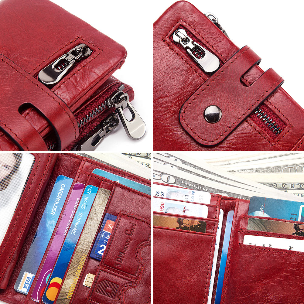 Mode femmes portefeuille en cuir véritable femme pochette portefeuilles moraillon Double fermeture éclair conception courte monnaie poche ID porte-carte sac à main