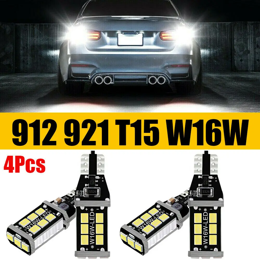 車のバックアップ用Canbus LED電球、明るい白、912、921、t15、w16w、4個