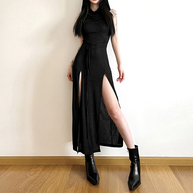 Goth Dark Cyber Gothic Desert Walker HoodedชุดY2k Punk Grunge Hollow Out Midiชุดผู้หญิงเซ็กซี่ด้านข้างStreetwear