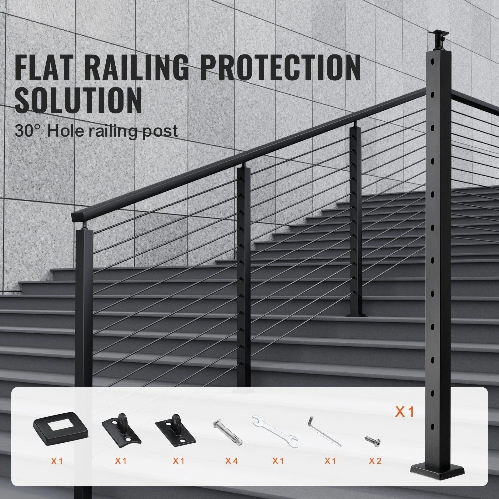 Balustrades Post, 42" X 1" X 2" Steel 30° Angled Hole Stair Railing Post,12 Pre-Drilled Holes with Horizontal and Curved Bracket