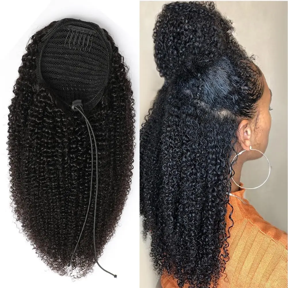 Afro kinky encaracolado cabelo humano cordão extensões de rabo de cavalo remy 100% cabelo humano rabo de cavalo clipe em extensões de cabelo para mulher 100g