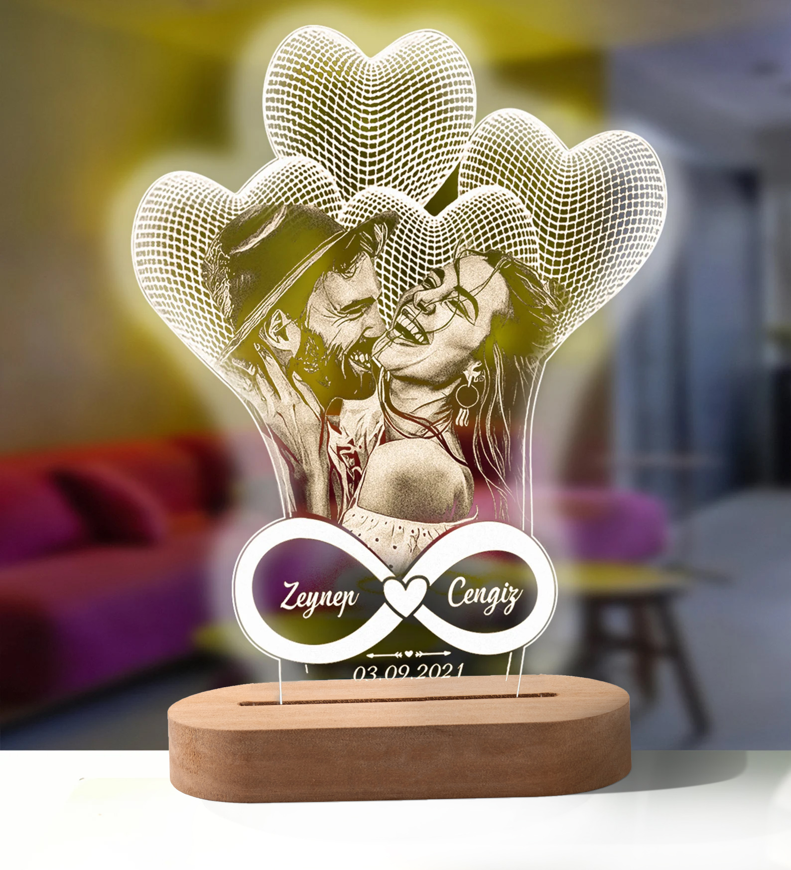 Personalized Gift 3D Lamp Custom Photo Night Light Carved Wood Base Text For Wedding Birthday Anniversary Valentines day Gift