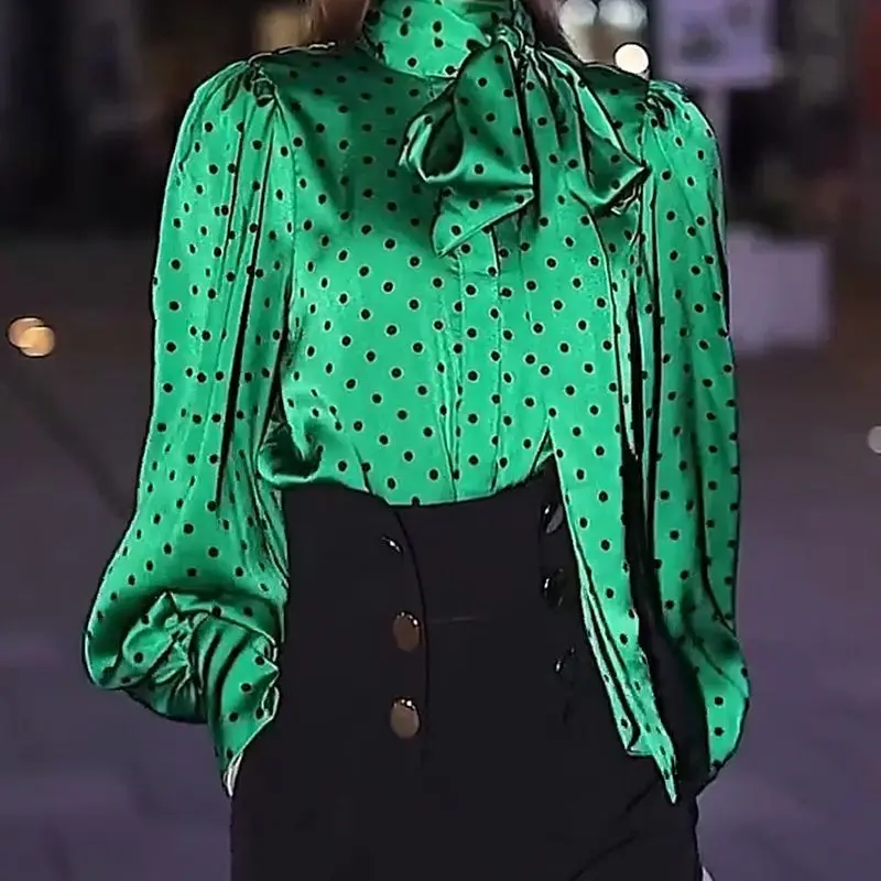 Spring and Autumn Women's Pullover Scarf Collar Lantern Sleeve Solid Print Lace Up Bow Office Lady Fashion Casual Shirt Tops
