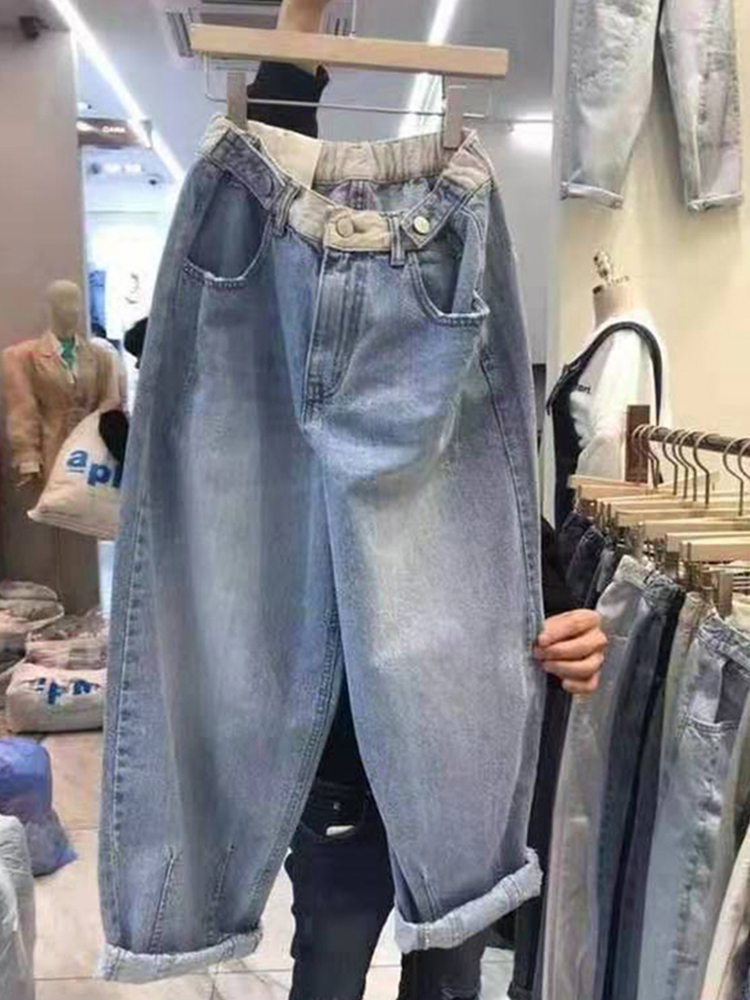 8874 ใหม่มาถึง Distressed อินเทรนด์ Streetwear กางเกงยีนส์ผู้หญิงฤดูใบไม้ผลิเอวสูงซิปตรงหลวมๆกางเกงยีนส์สีฟ้า