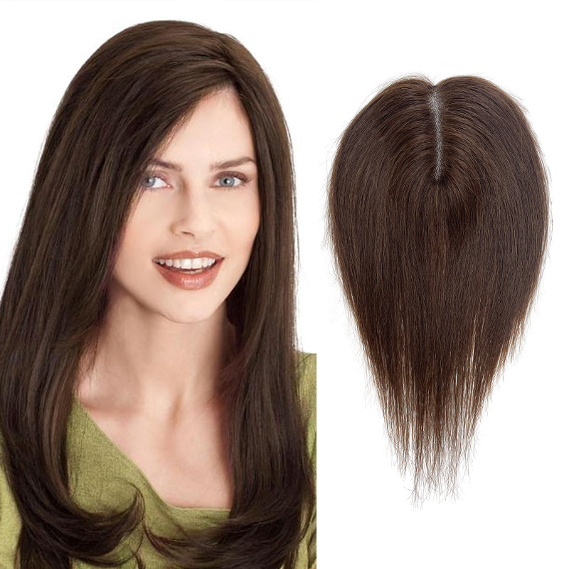 25 センチメートル黒ダークブラウン女性 100% 人毛 9*14 センチメートルスイスレースヘアネットクリップヘアトッパーエクステンショントップかつらピース日常生活