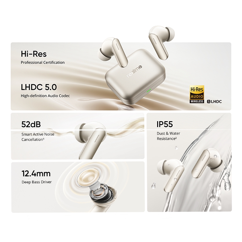 Global Version realme Buds Air 7 52dB Smart Active Noise Cancellation 12.4mm Deep Bass Driver Bluetooth5.4 360 ° Spatial Audio Effect IP55 oortelefoon