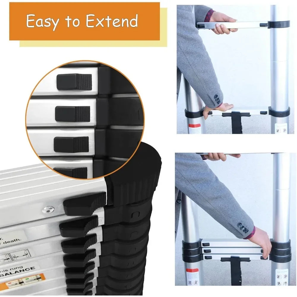 Aluminum Telescopic Ladder with 2 Detachable Hooks, 36lbs Weight, Adjustable Height, 330lbs Load for Home or Industrial Use