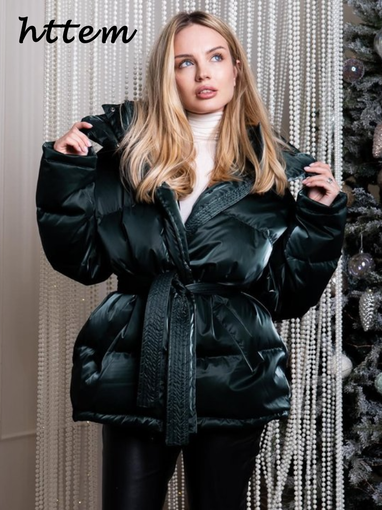 Chique tecido reflexivo rendas até jaqueta de algodão com capuz feminino gola manga cheia zíper casaco quente 2025 inverno senhora outwear