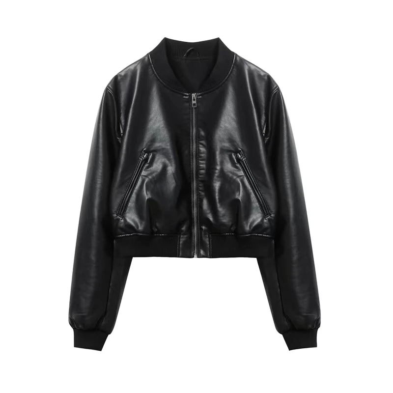 Chaqueta Bomber de piel sintética a la moda urbana para mujer, abrigo corto de cuero negro con cuello levantado