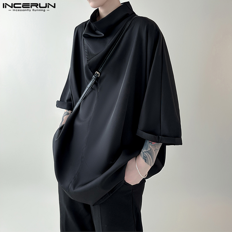 INCERUN-Camiseta de Color liso con cuello alto para hombre, ropa informal coreana de manga 2023, ropa de calle holgada a la moda, camisas irregulares, 3/4