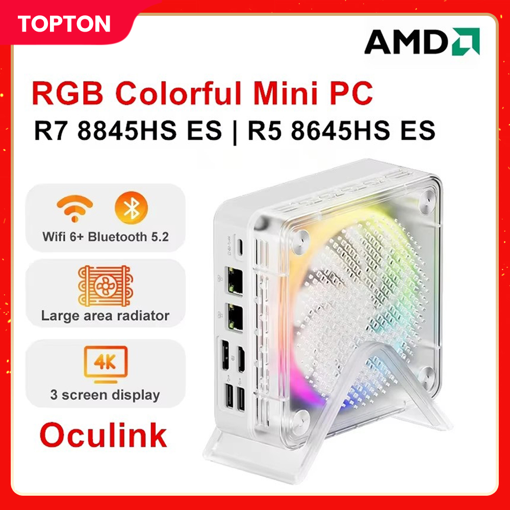 Topton minipc amd ryzen 7 8845hs es r5 8645hs es oculink mini pc rgb farb spieler windows 11 wifi 6 2x2,5g lan usb 3. 0 4k computer