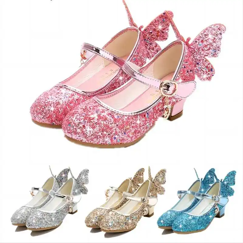 Princesa borboleta sapatos de couro crianças diamante bowknot salto alto crianças menina dança glitter sapatos moda meninas festa sapato de dança