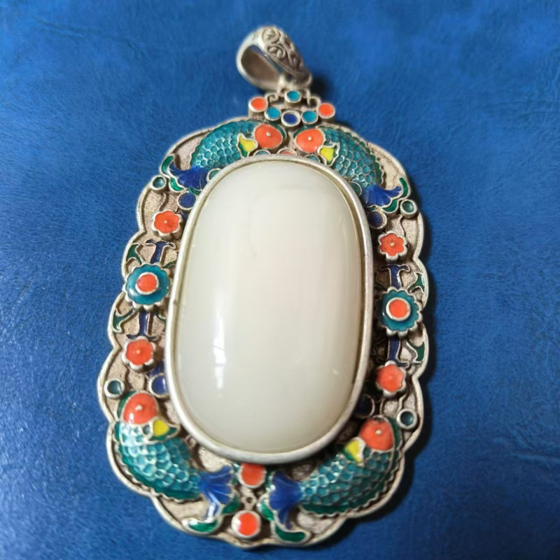 Antique Miscellaneous Vintage Retro Tibetan Silver Inlaid Cloisonné White Jade Square Pendant Hanging Ornament Craft