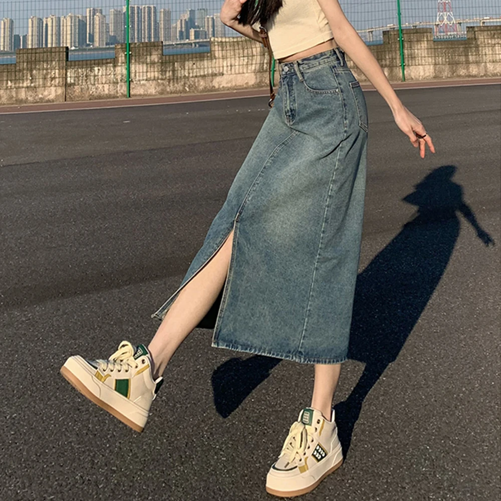 Falda de mezclilla azul lavada de cintura alta para mujer, falda Retro de línea A, bolsillos, abertura frontal, Falda vaquera larga recta, cubierta de cadera, Verano