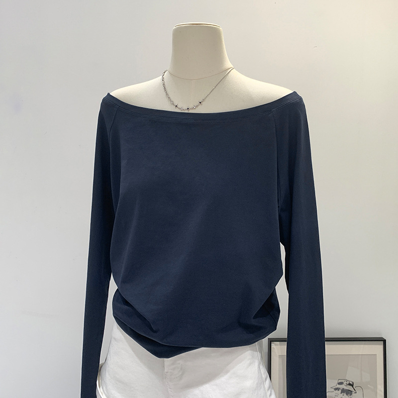 Herfst Winter Eén schouder Katoenen lange mouw Schuine schouder Dameskledingstijl Interieur Brede truffelschouderbasisshirt